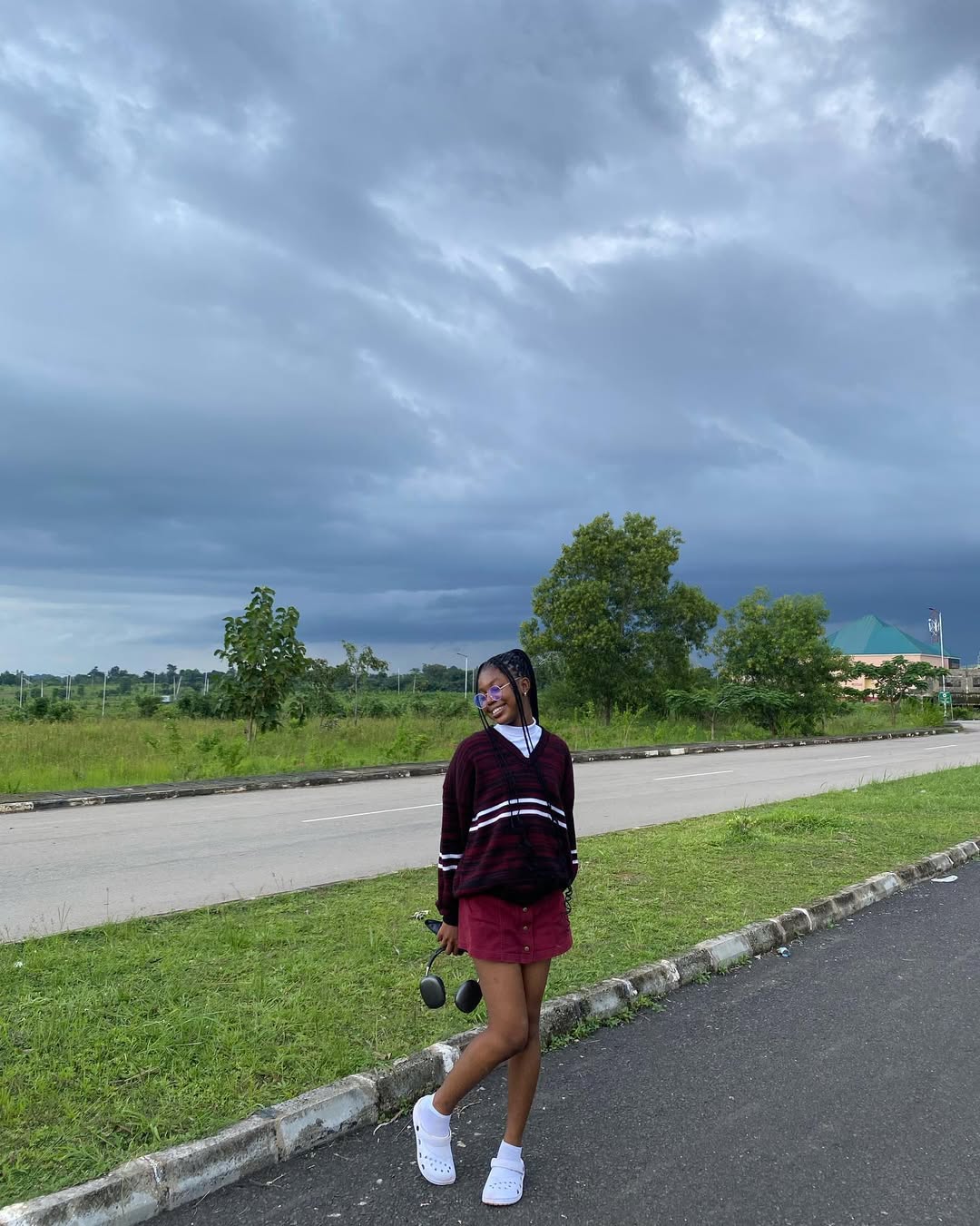 Maroon Striped Sweater With Burgundy Mini Skirt