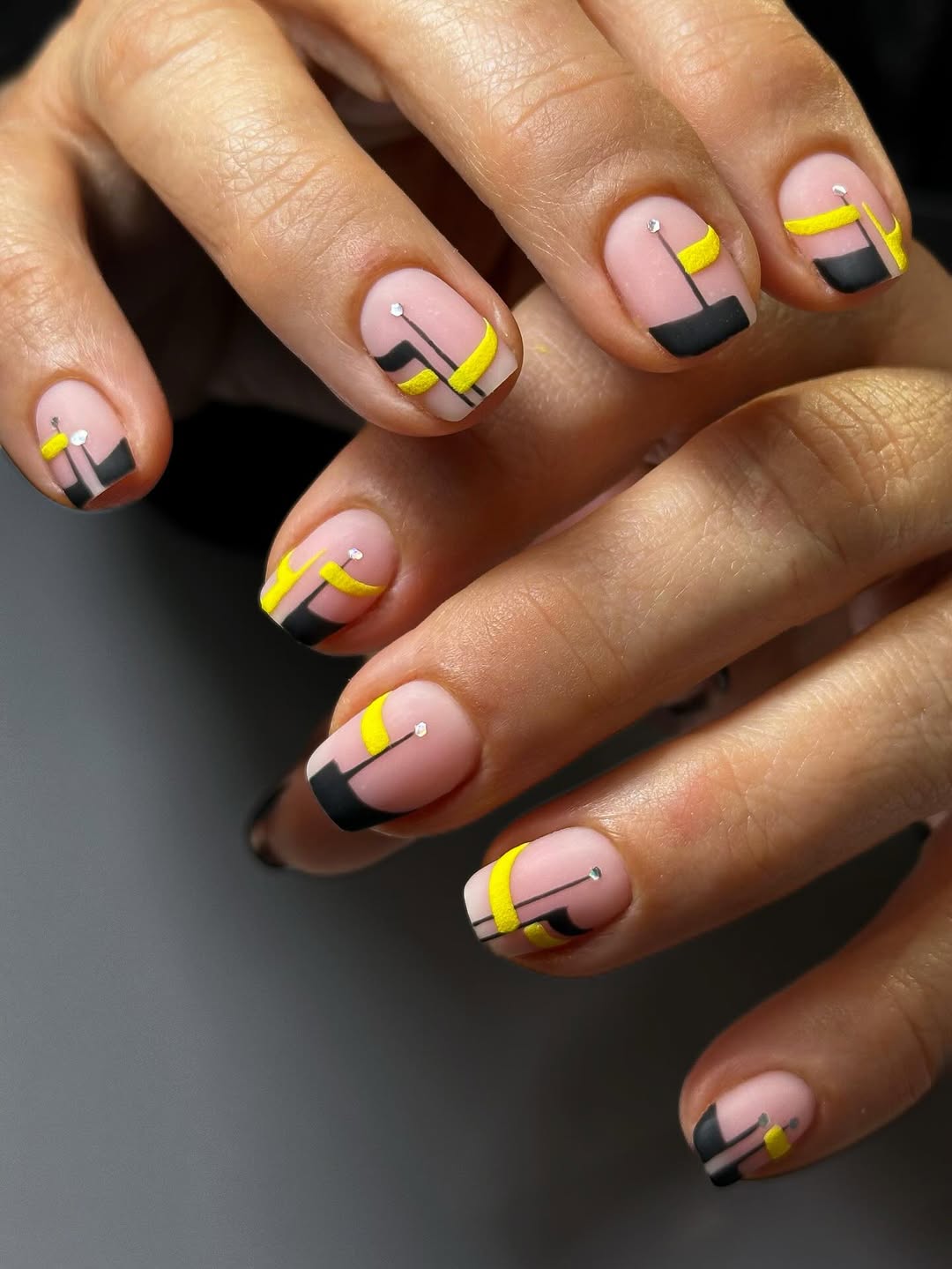 Matte Abstract Yellow and Black Geometric Nails