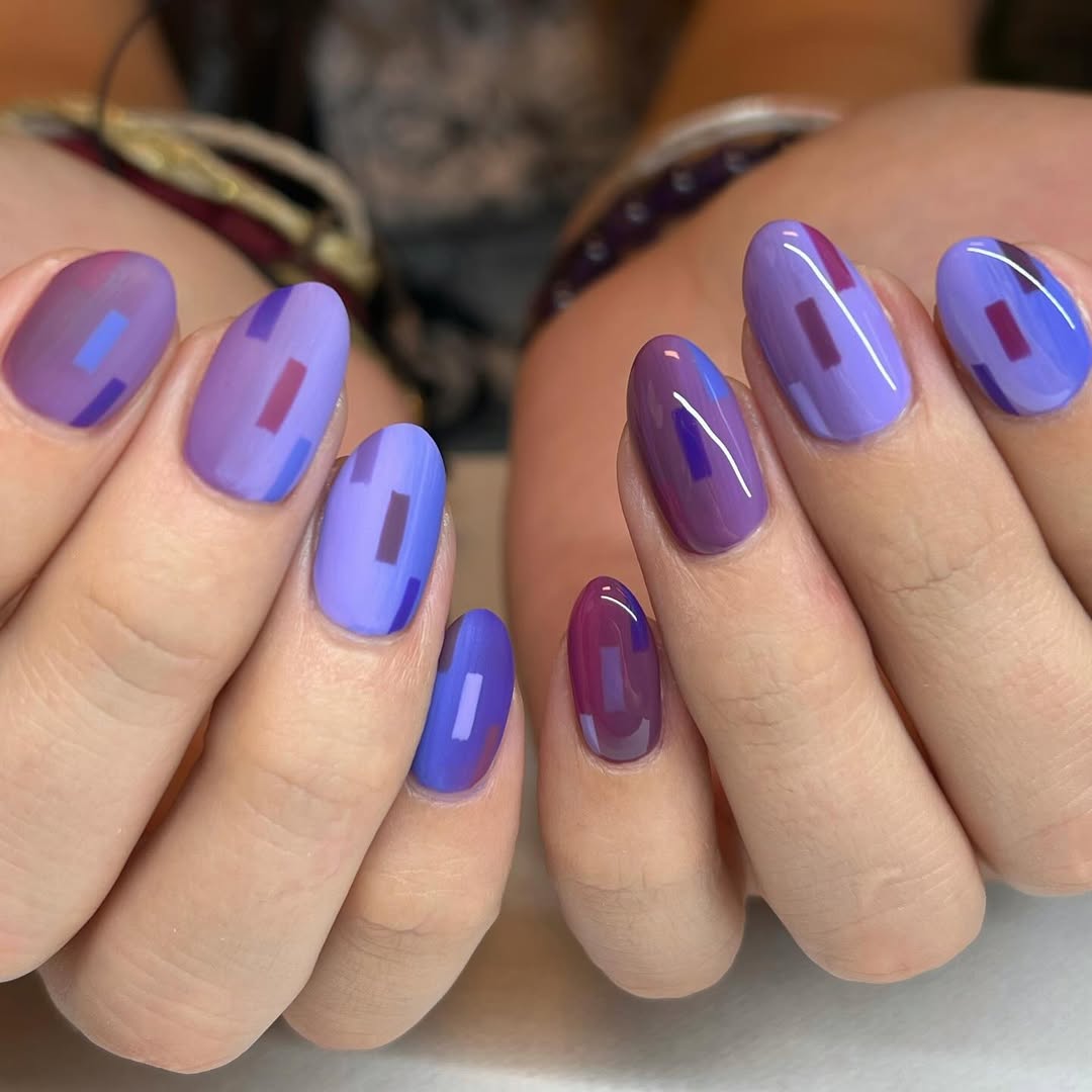 Matte and Glossy Purple Geometric Block Nails
