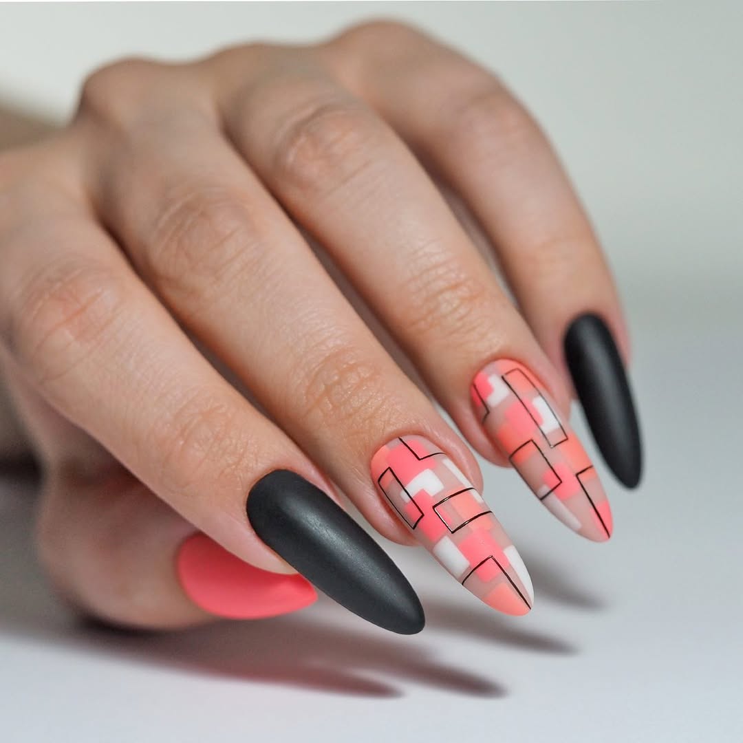 Matte Black and Geometric Pink Coffin Nails