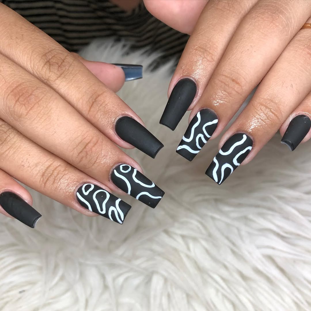 Matte Black Coffin Nails With White Swirls