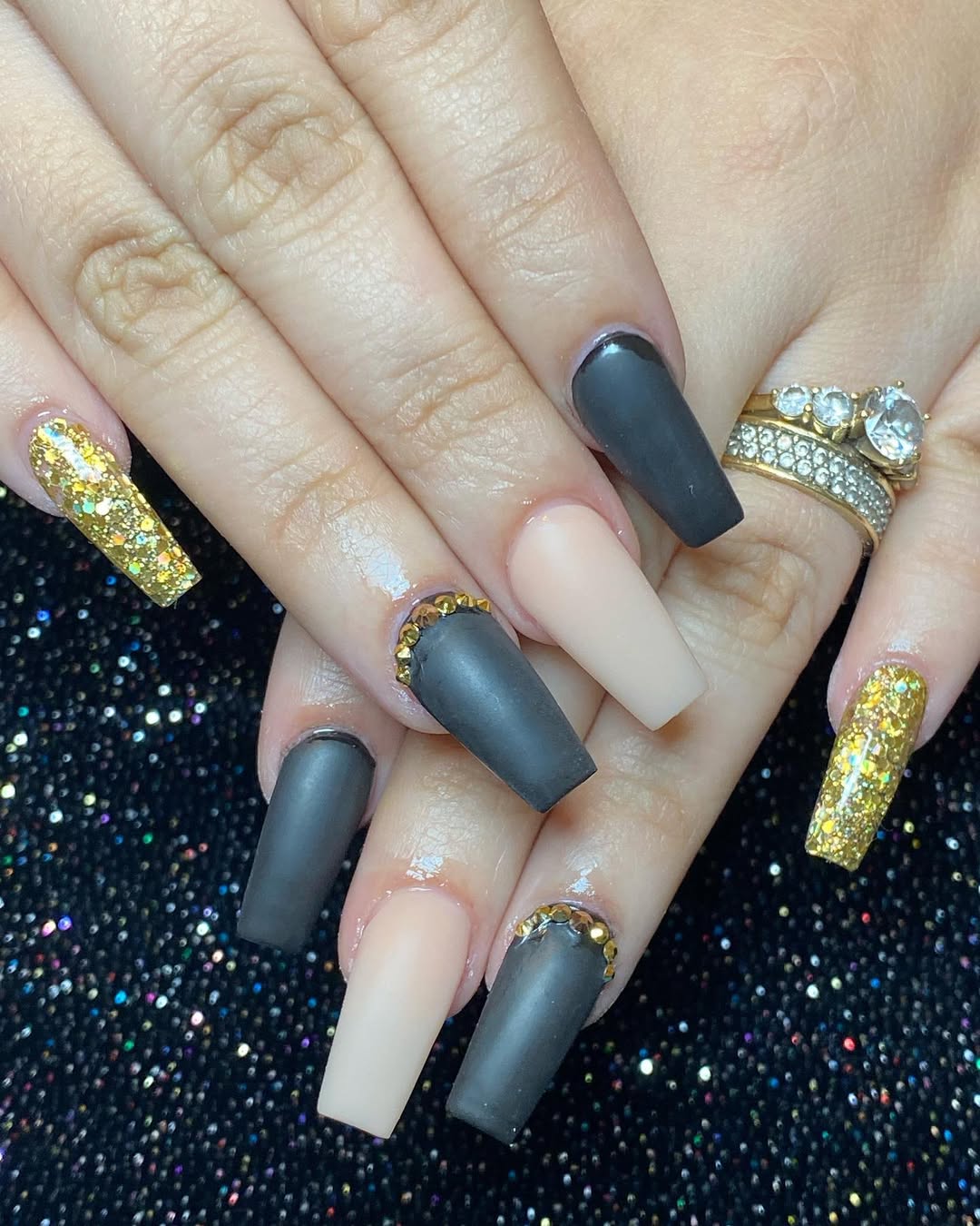 Matte Black Nude Glitter Gold Coffin Nails
