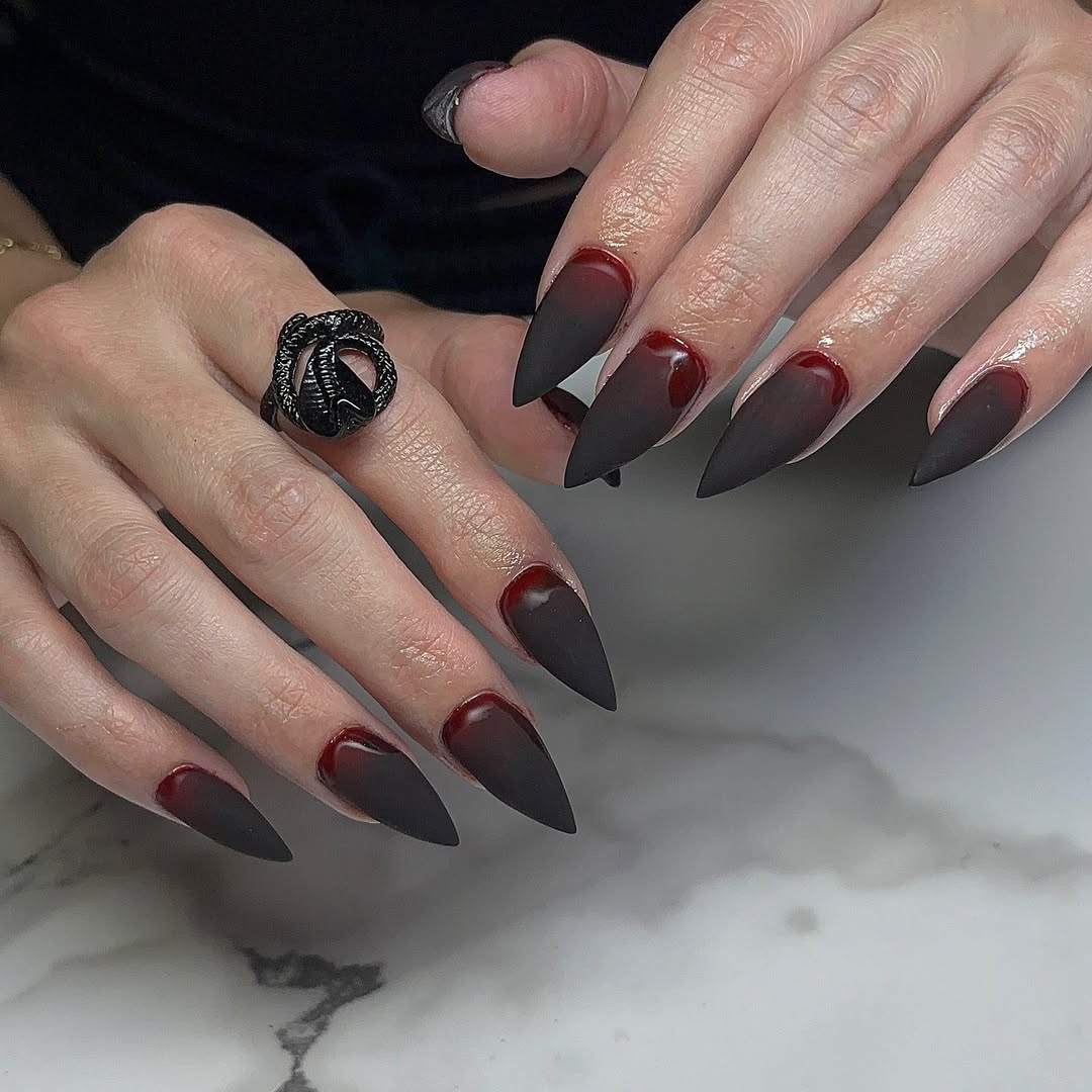 Matte Black Red Ombré Vampire Stiletto Nails