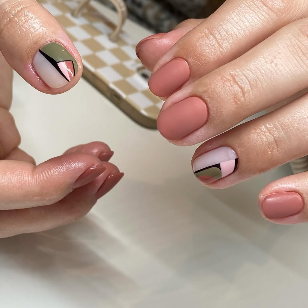 Matte Dusty Rose Geometric Art Almond Nails