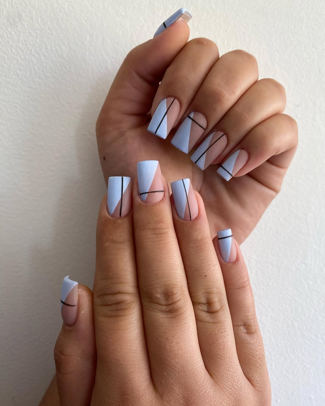 Matte Light Blue Geometric Lines Square Nails