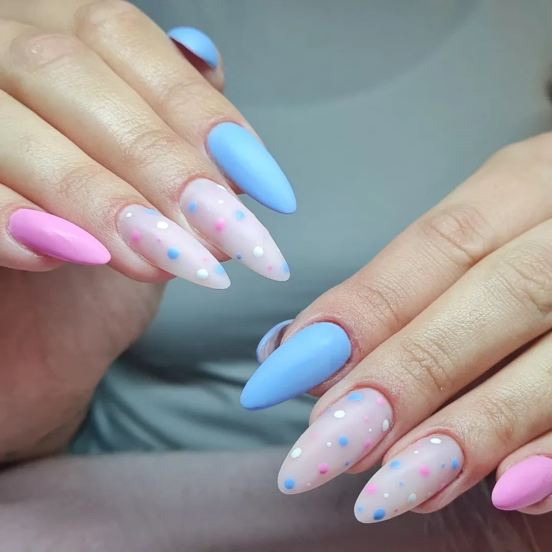 Matte Pastel Pink Blue Polka Dot Stiletto Nails