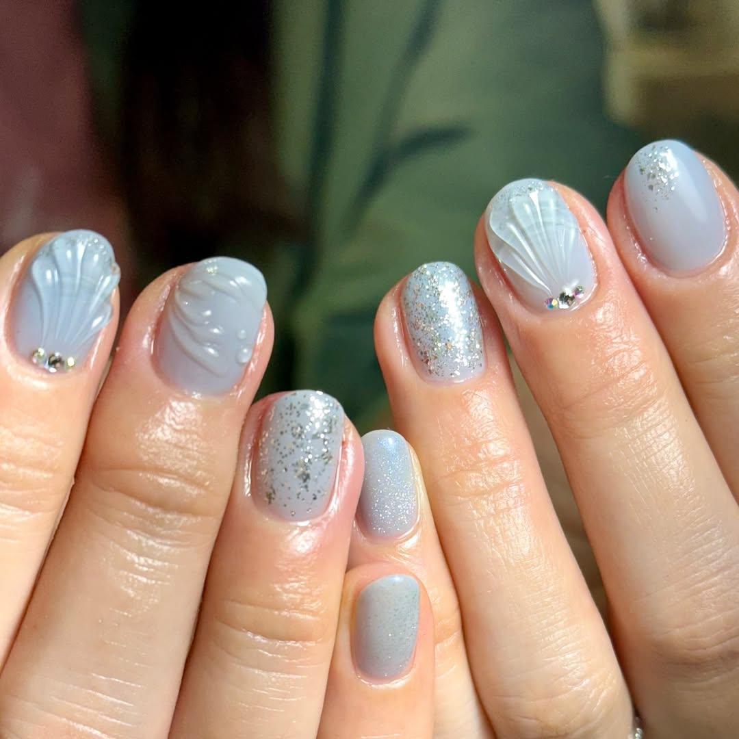 Mermaid Core Blue Shell and Glitter Oval Nails