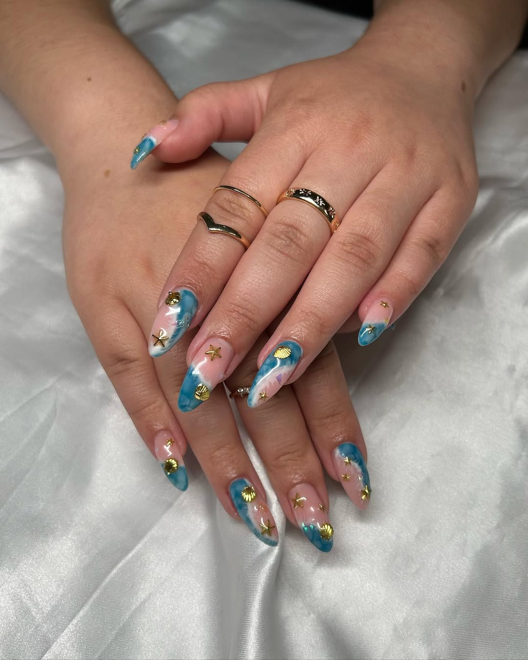 Mermaid Core Blue Swirl Long Coffin Nails
