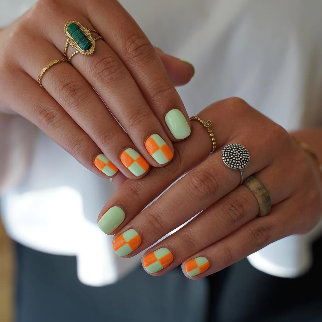 29 Checkerboard Nail Ideas for 2026 29 Mint and Orange Checkerboard Square Nails