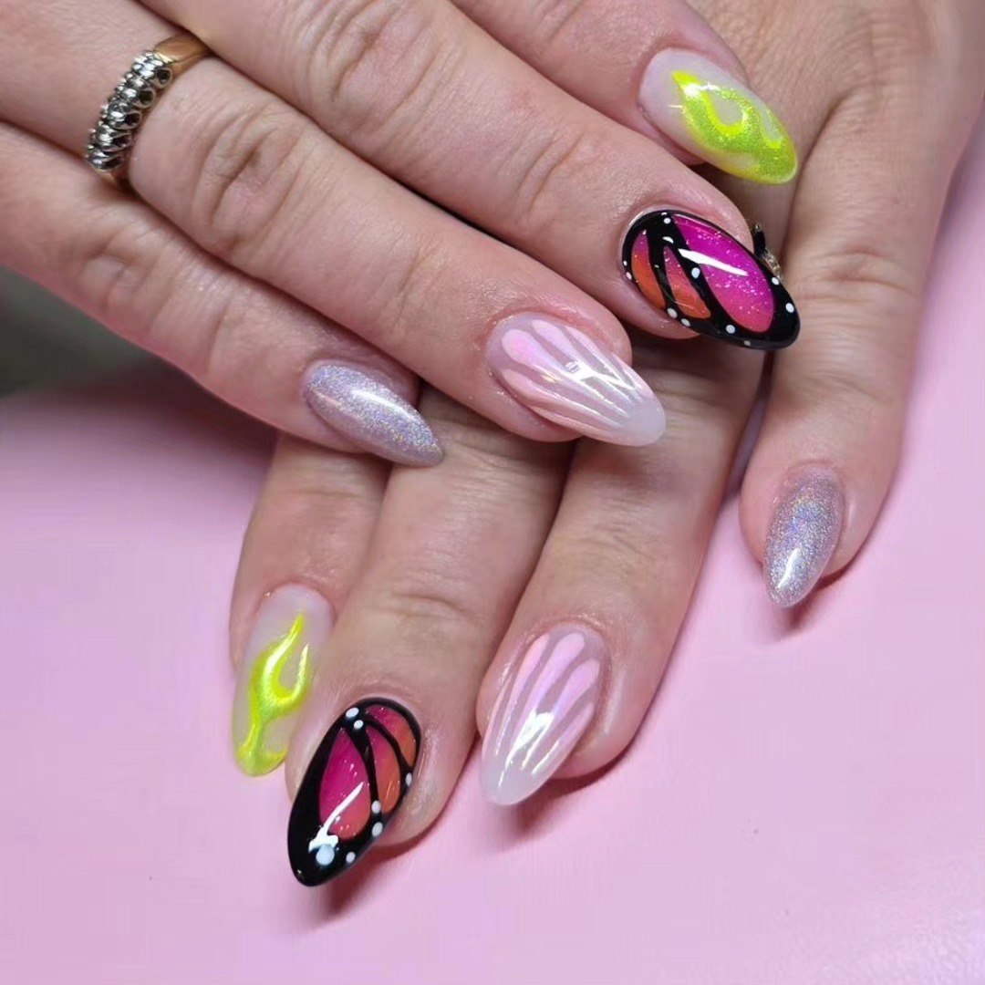 Mixed Butterfly Flame Chrome Shimmer Almond Nails