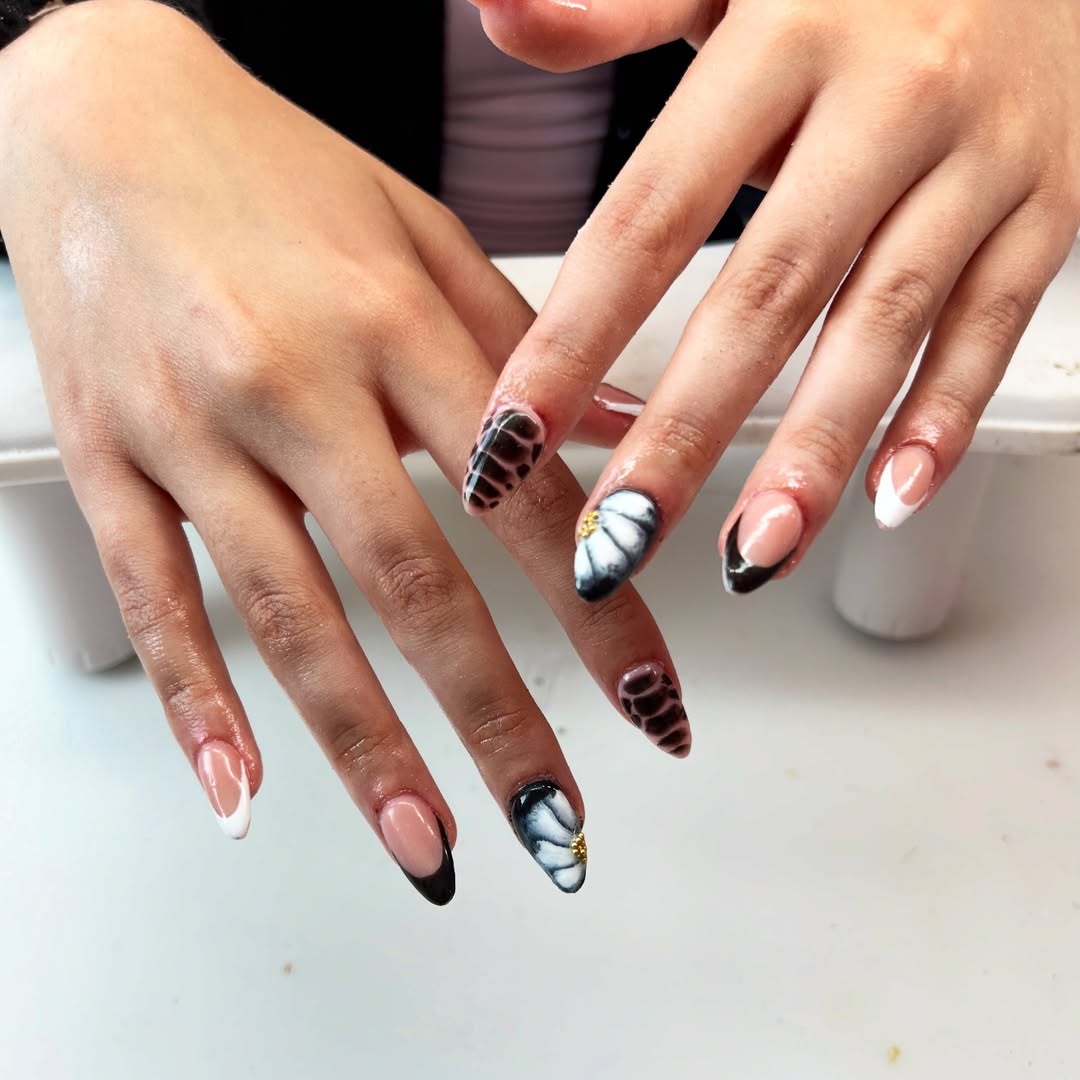 Mixed Media Black and White Almond Nails