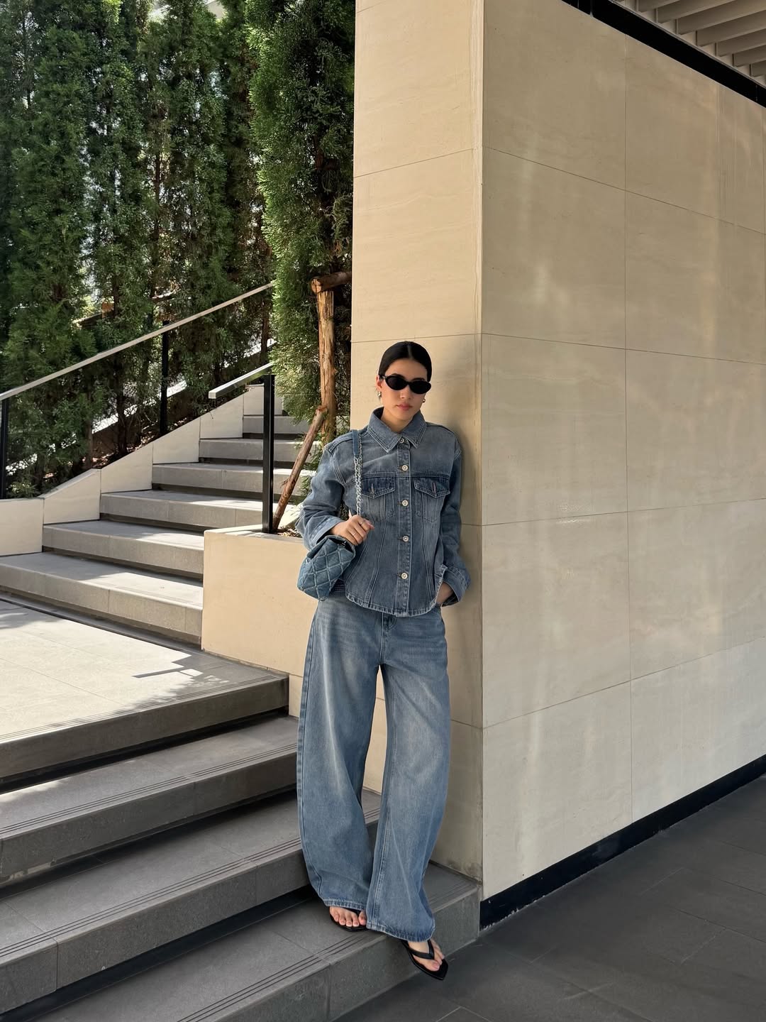 25 Denim on Denim Looks You Need for 2026 11 Monochromatic Denim Two-Piece Wide Leg Set