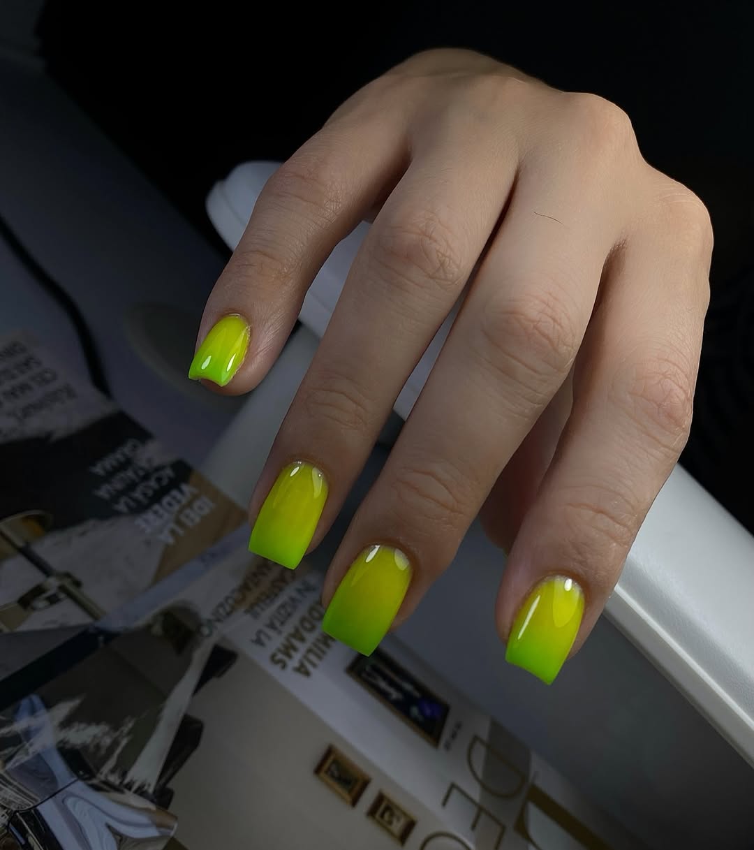 Neon Lime Yellow Green Ombré Square Nails