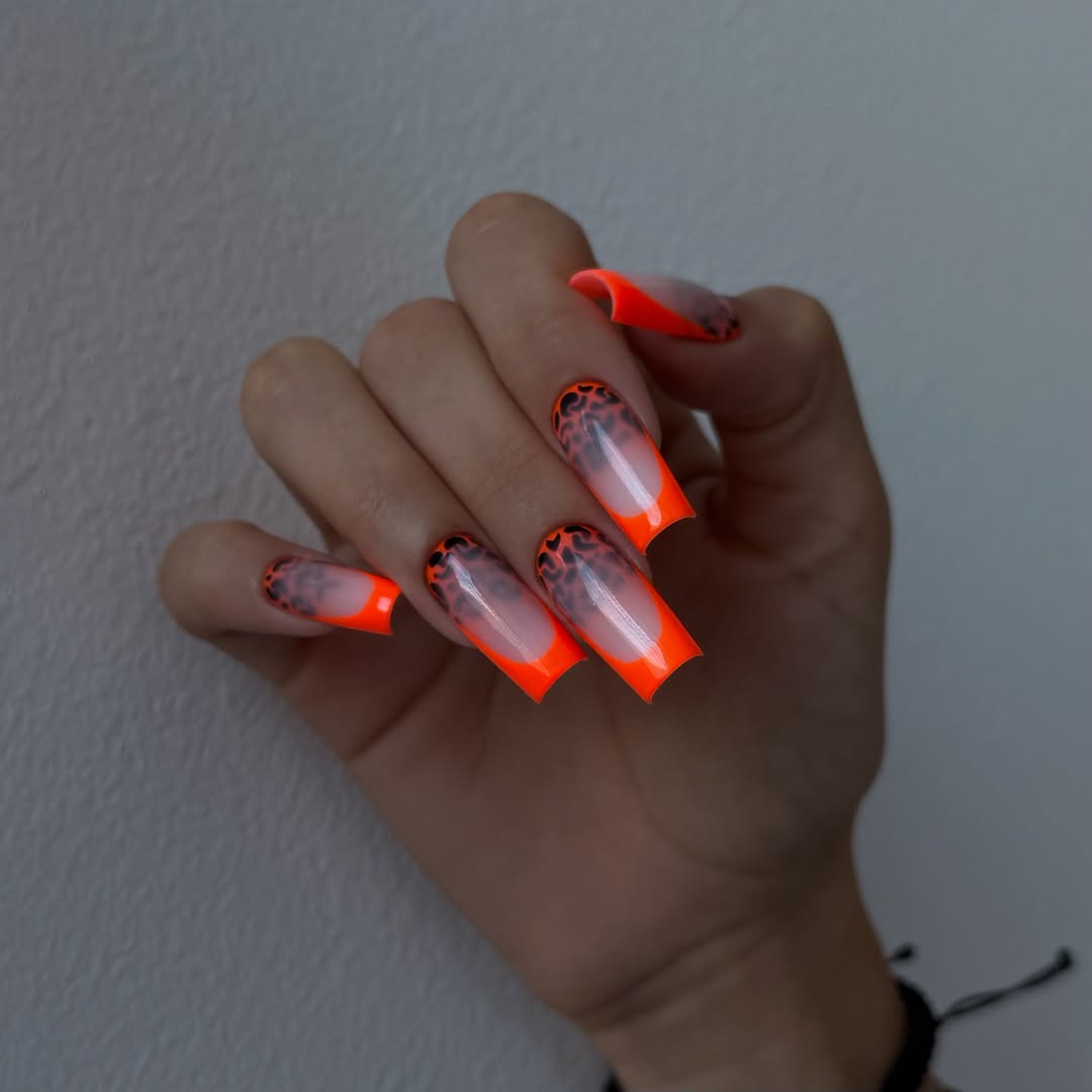 Neon Orange French Tips with Leopard Print Accent