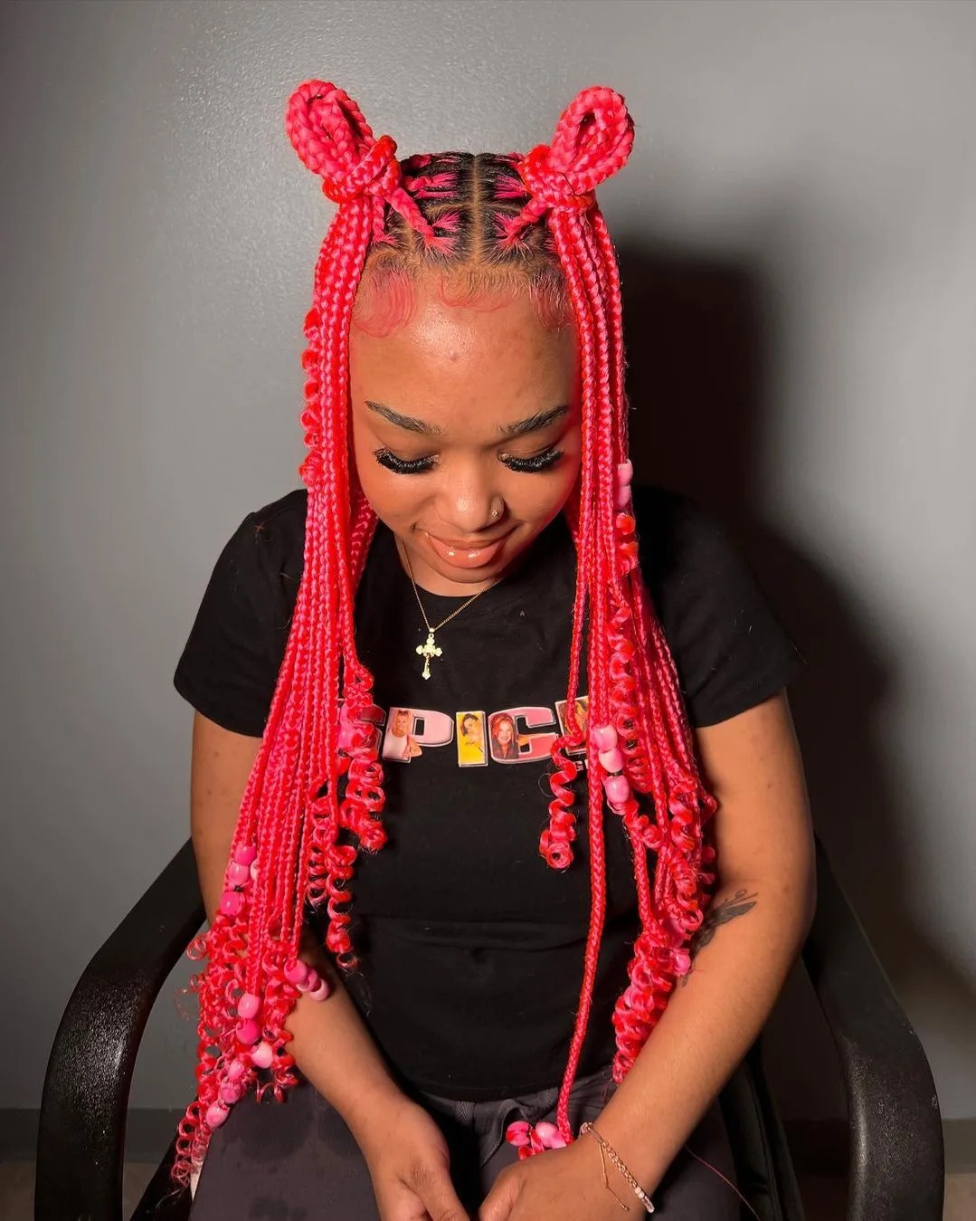 Neon Pink Goddess Box Braids With Bow Buns