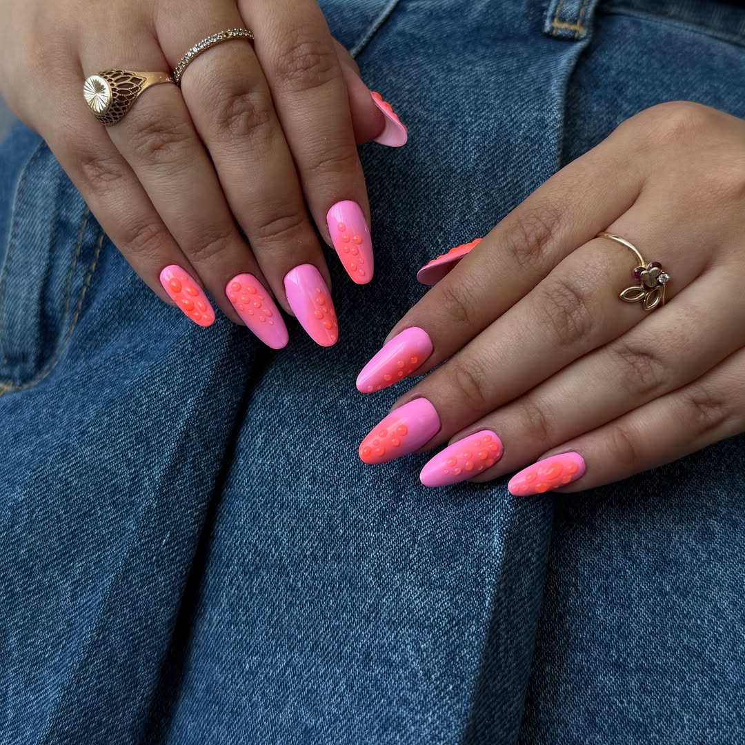 Neon Pink Orange Bubble Accent Almond Nails