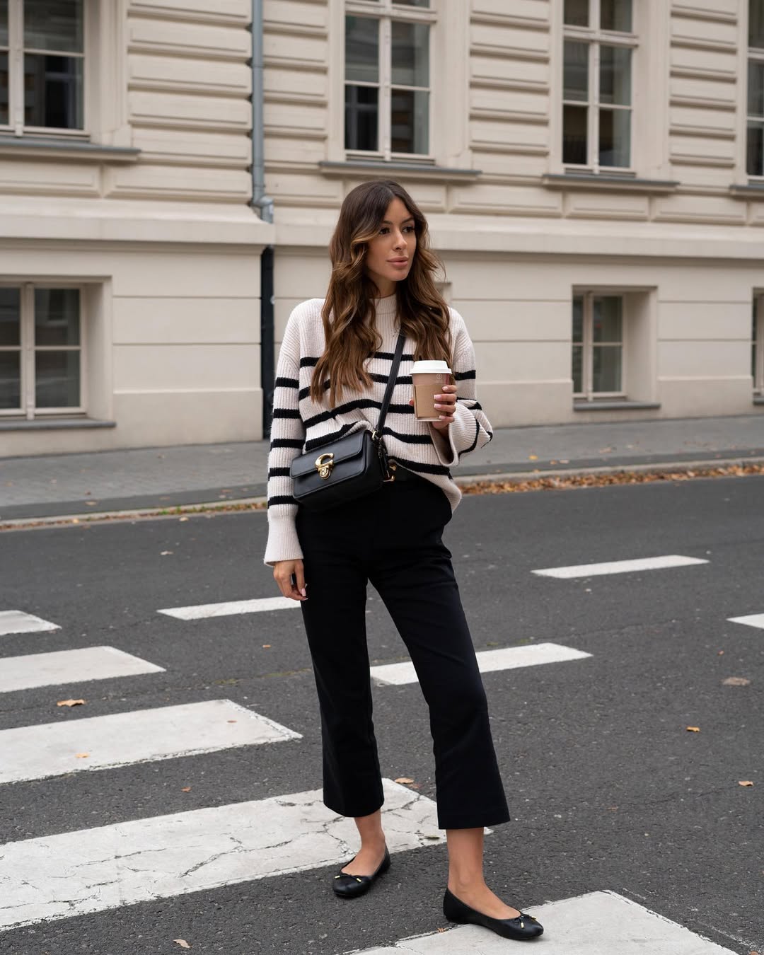 Neutral Stripe Sweater And Black Cropped Pant Combo
