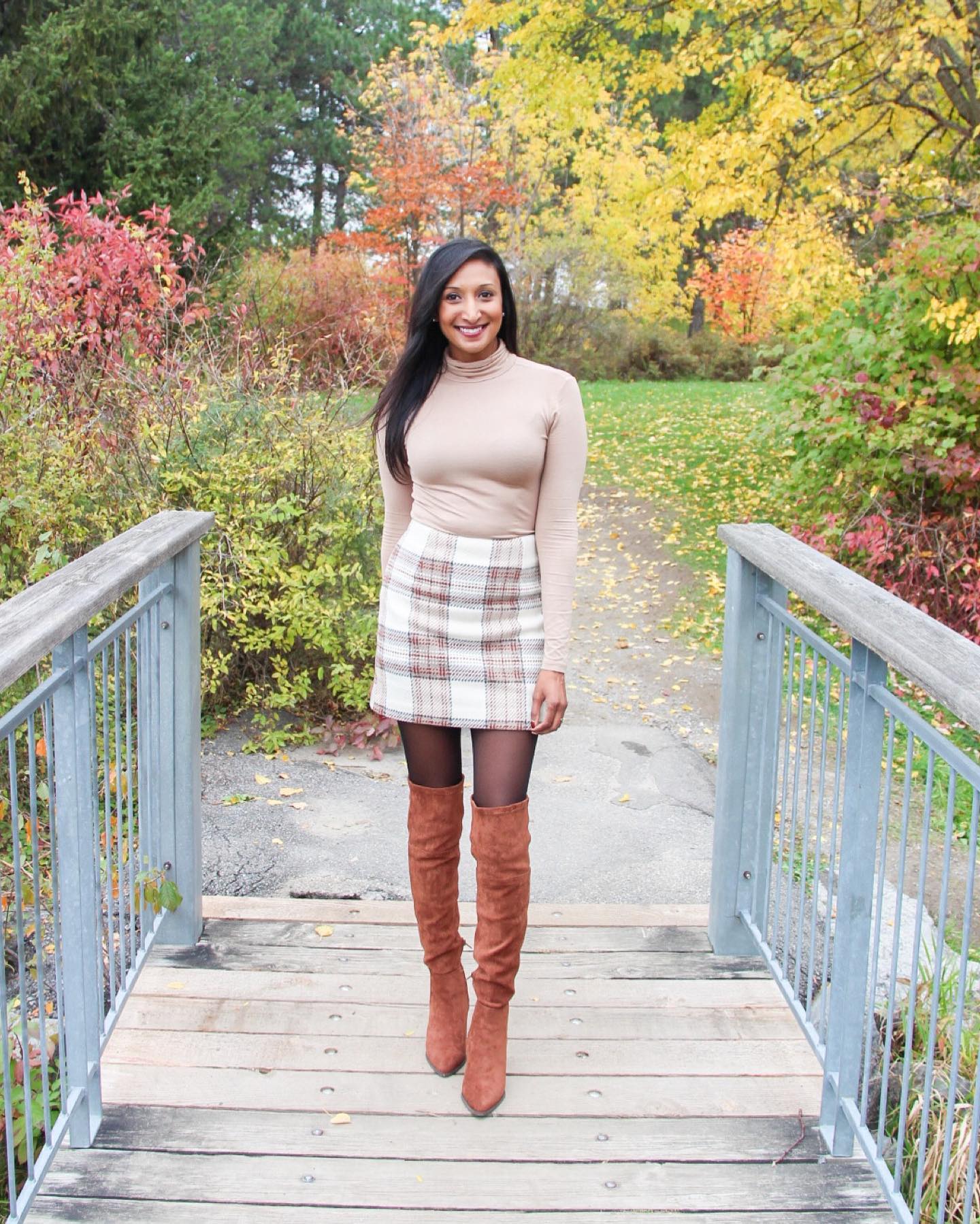29 Chic Fall Skirt Outfits You Need for 2026 8 Neutral Turtleneck With Plaid Mini Skirt And Boots