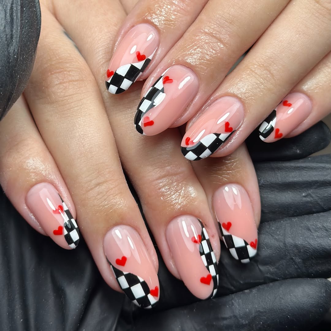 29 Checkerboard Nail Ideas for 2026 30 Nude Checkerboard And Red Heart Accent Nails