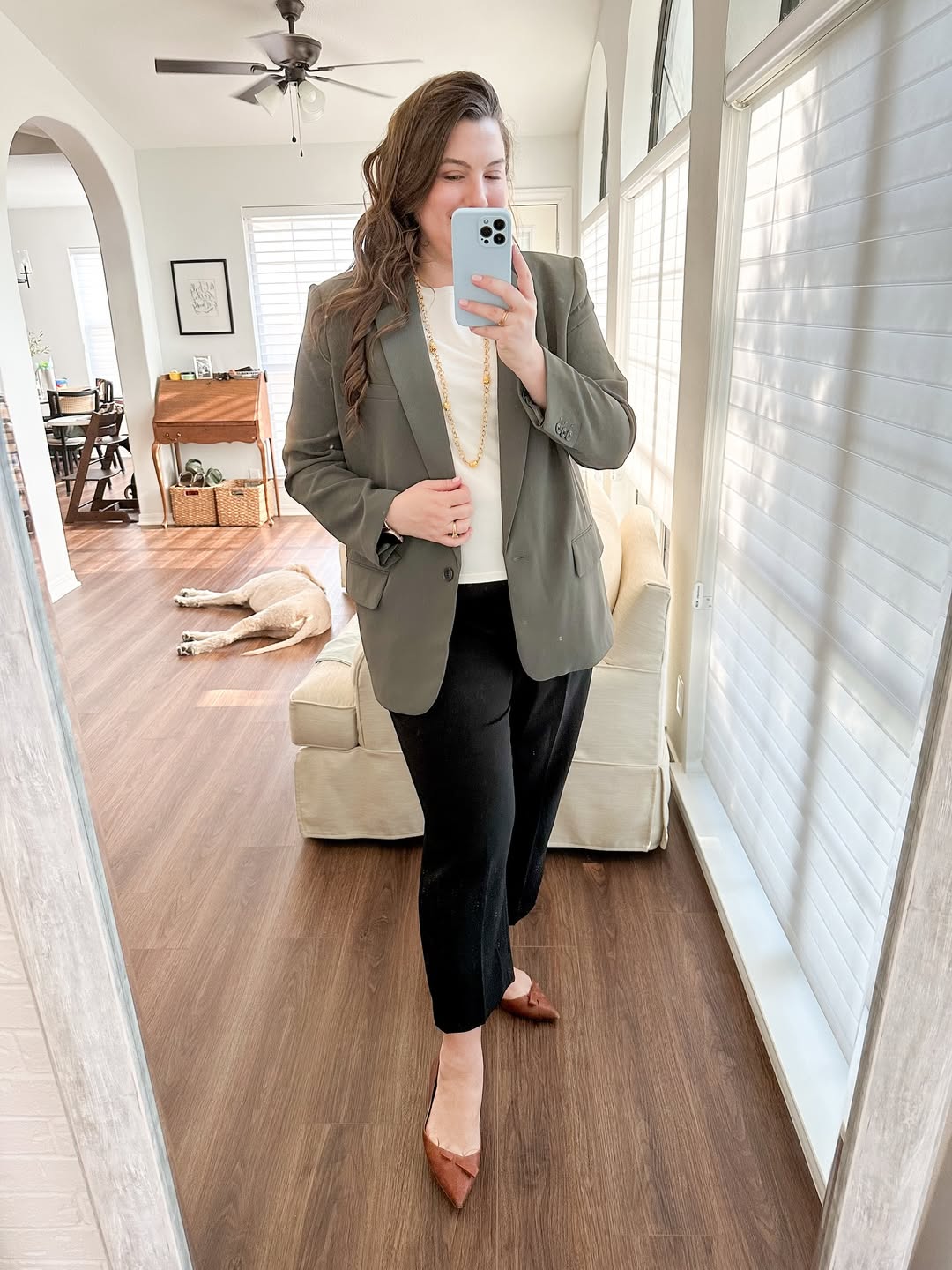 Olive Blazer With Black Trousers And Brown Heels