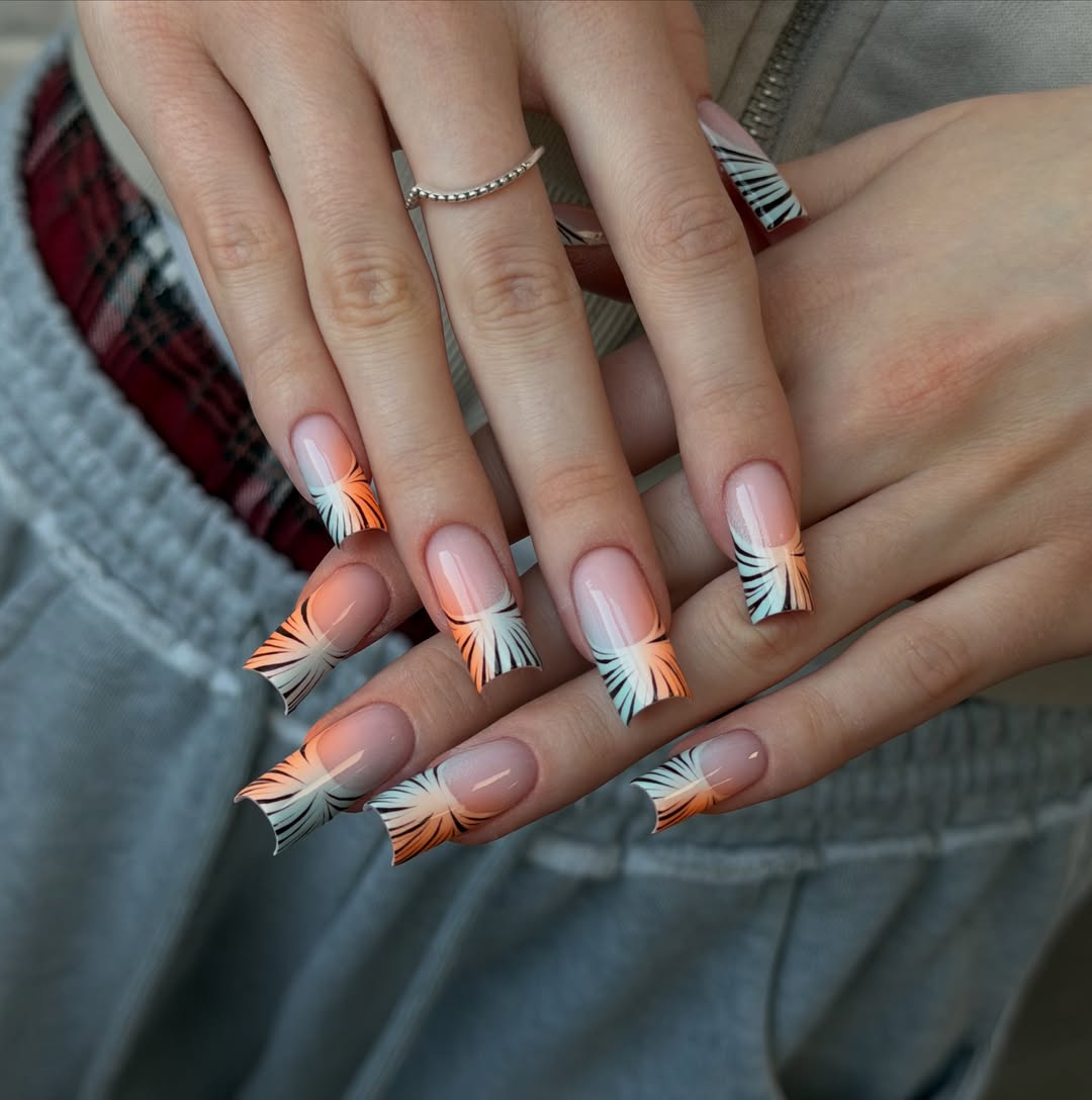Ombre Orange and Aqua Radial French Tip Statement Nails