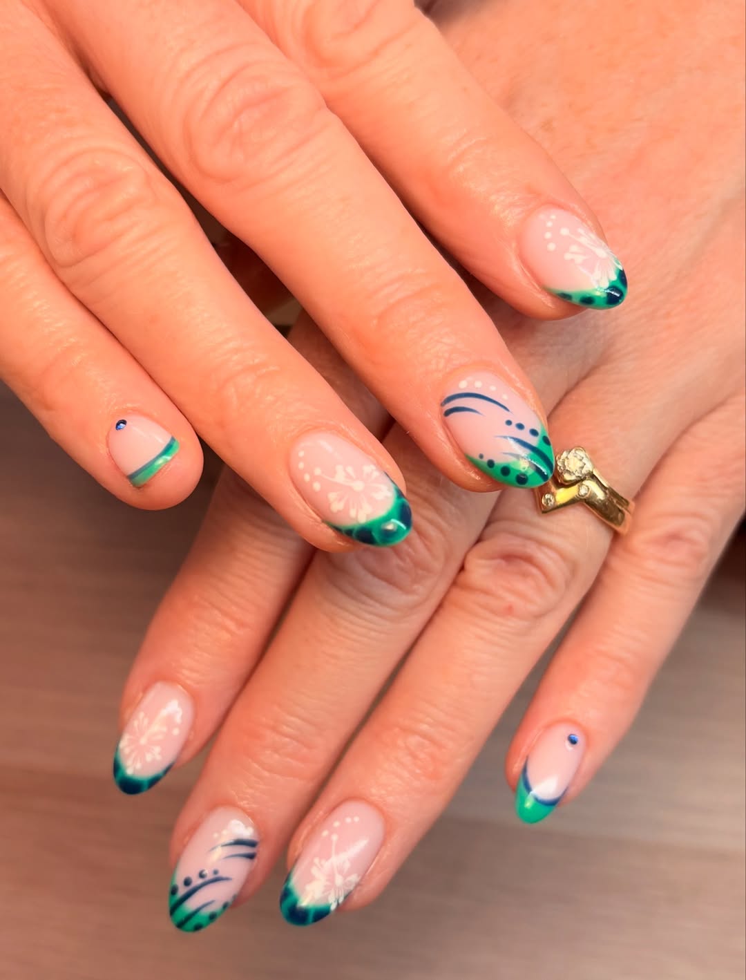 Ombre Teal Blue French Tips With White Floral Accents