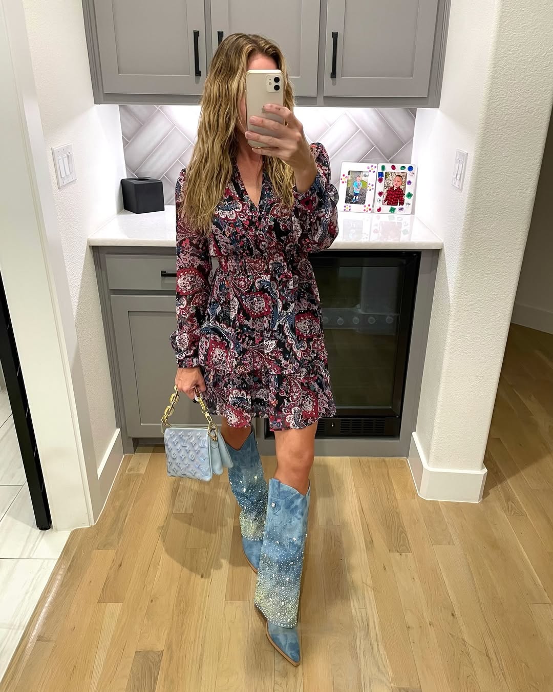 27 Fall Boot Outfit Ideas You Need Now 17 Paisley Mini Dress With Sparkly Denim Boots