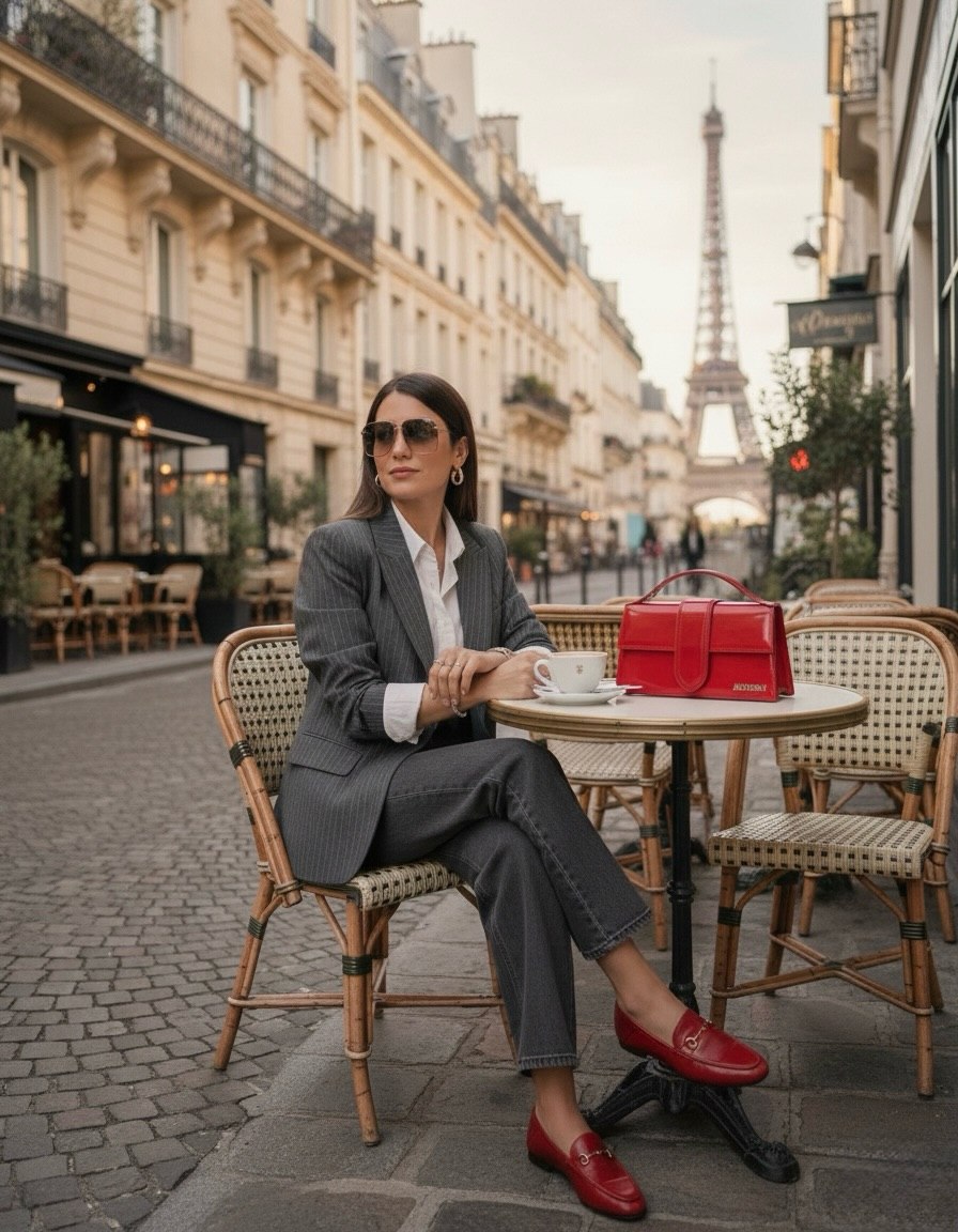 25 Fall Going Out Outfits You Need for 2026 6 Parisian Pinstripe Suit With Red Loafers