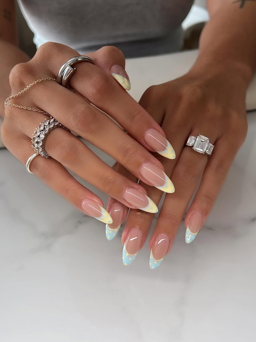 Pastel Dot French Tip Almond Nails