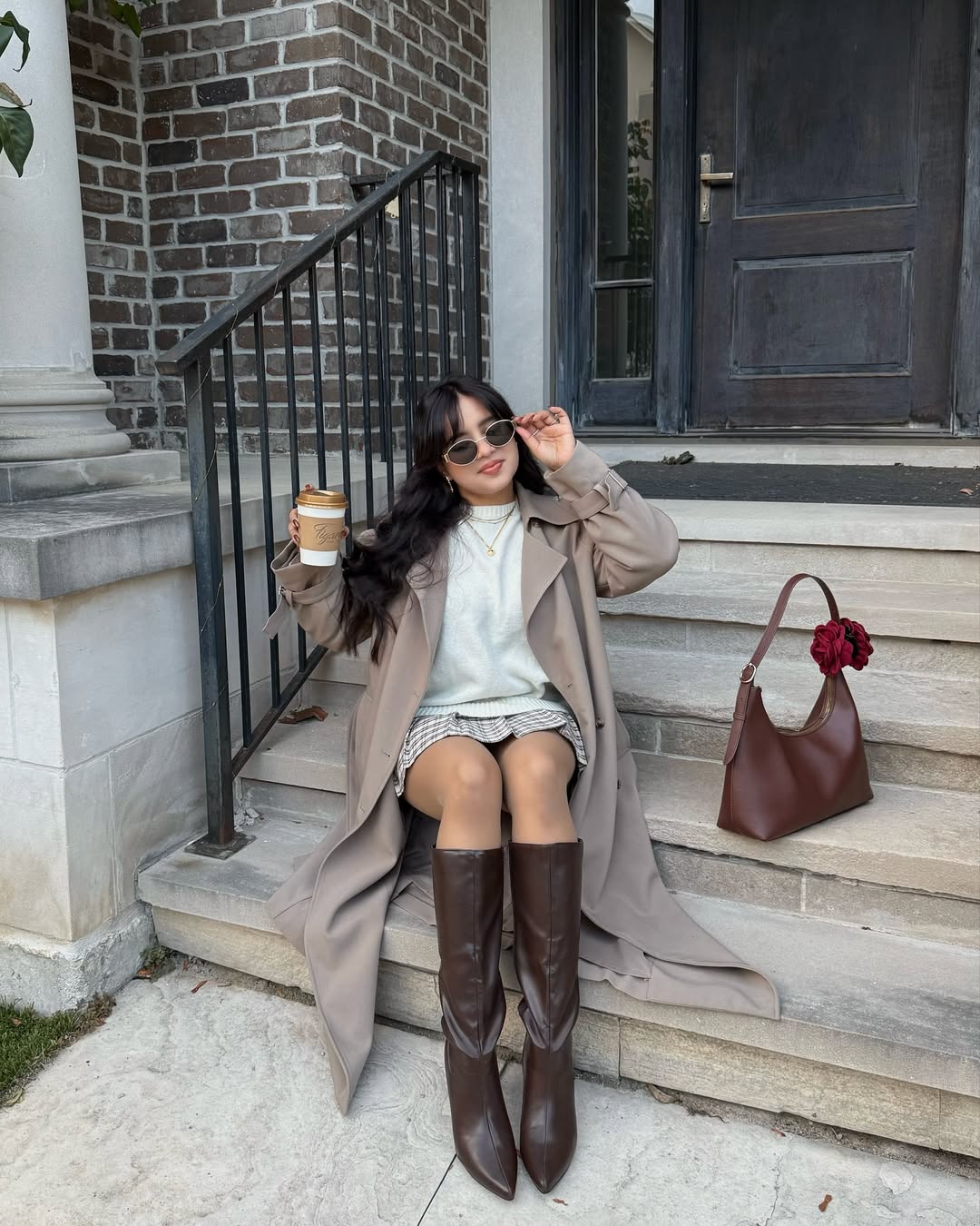 29 Work Outfits You Need for 2026 Trends 24 Pastel Sweater Plaid Mini Skirt And Trench Coat Outfit