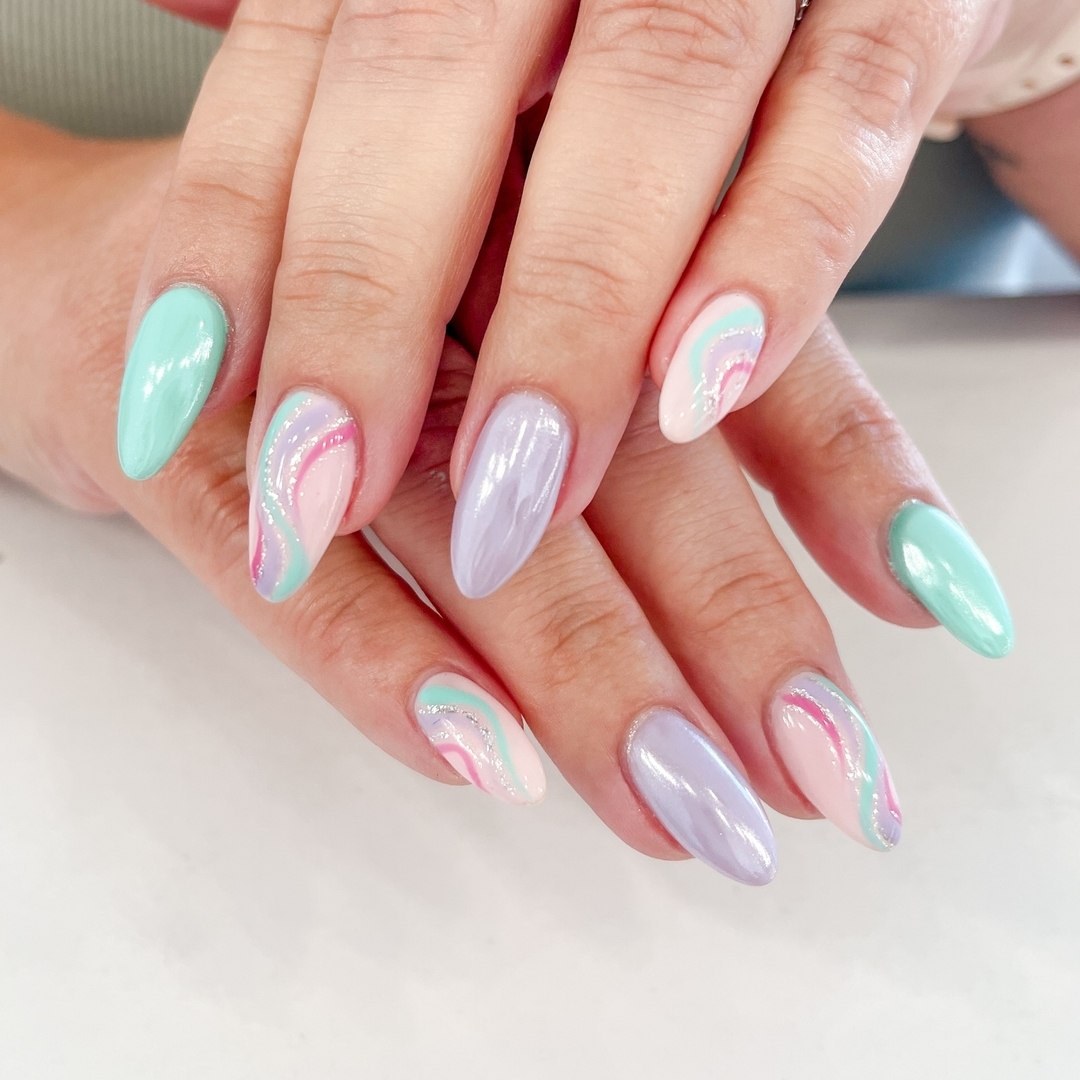 Pastel Swirl Almond Chrome Accent Nails