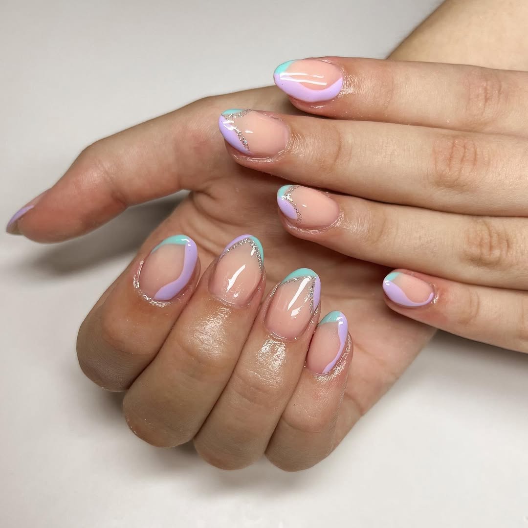 Pastel Wavy French Tips with Silver Glitter