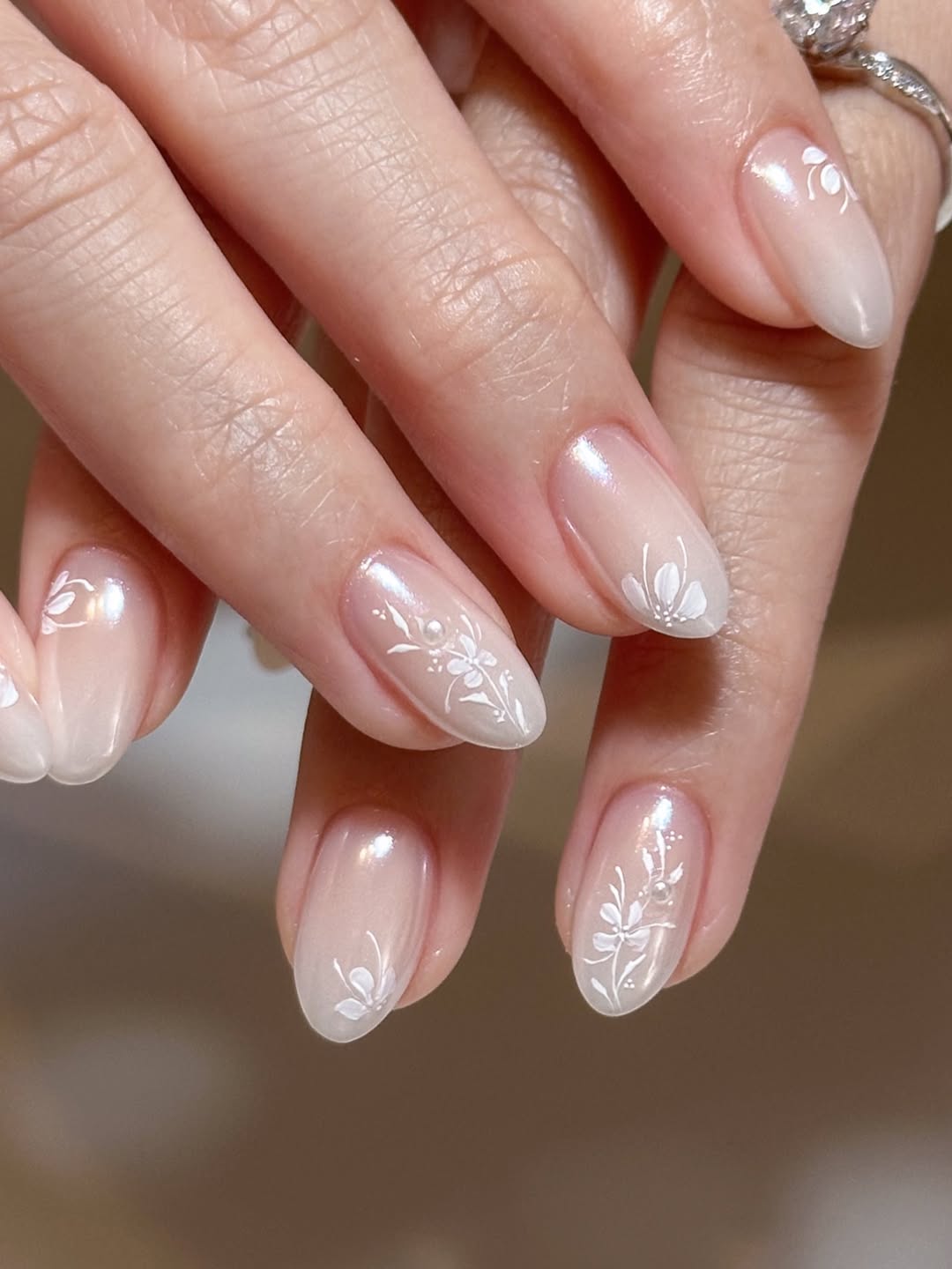 Pearl Iridescent Nude Floral Art Oval Nails