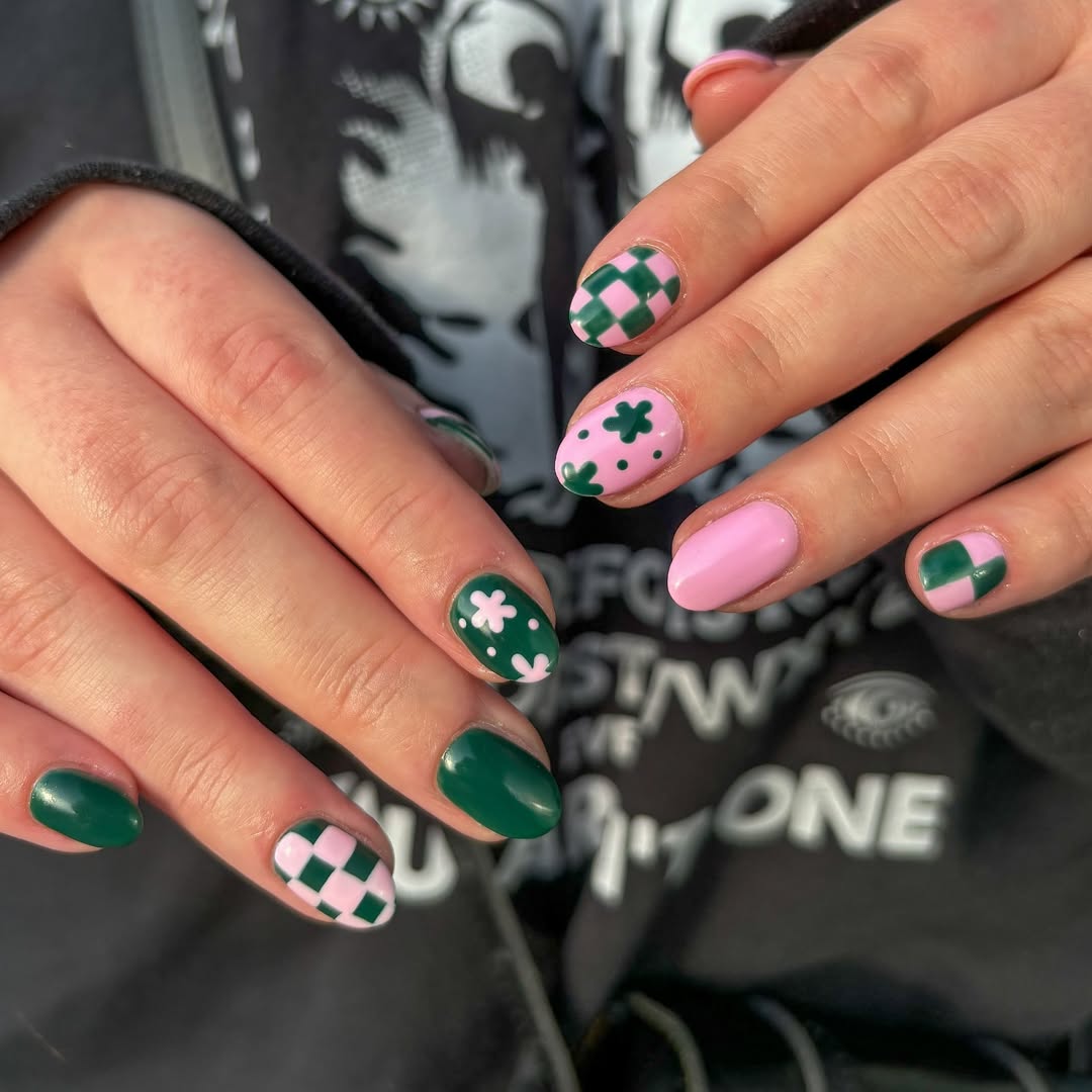 29 Checkerboard Nail Ideas for 2026 26 Pink and Green Checkerboard Floral Mix-and-Match Nails