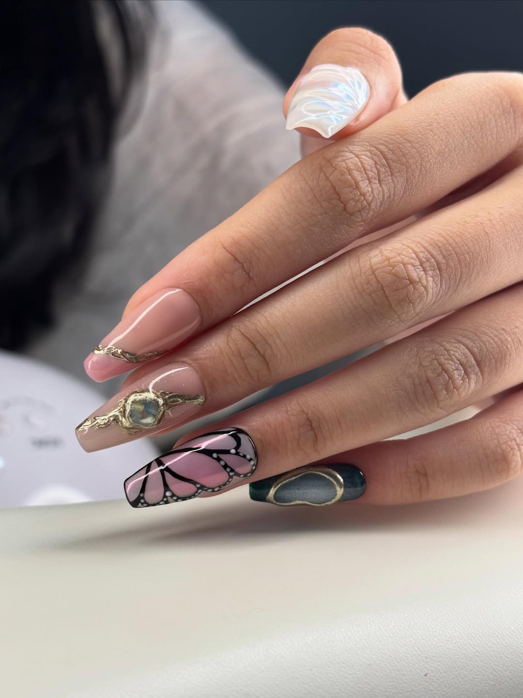 Pink Butterfly Coffin Nails with Gold Ornaments