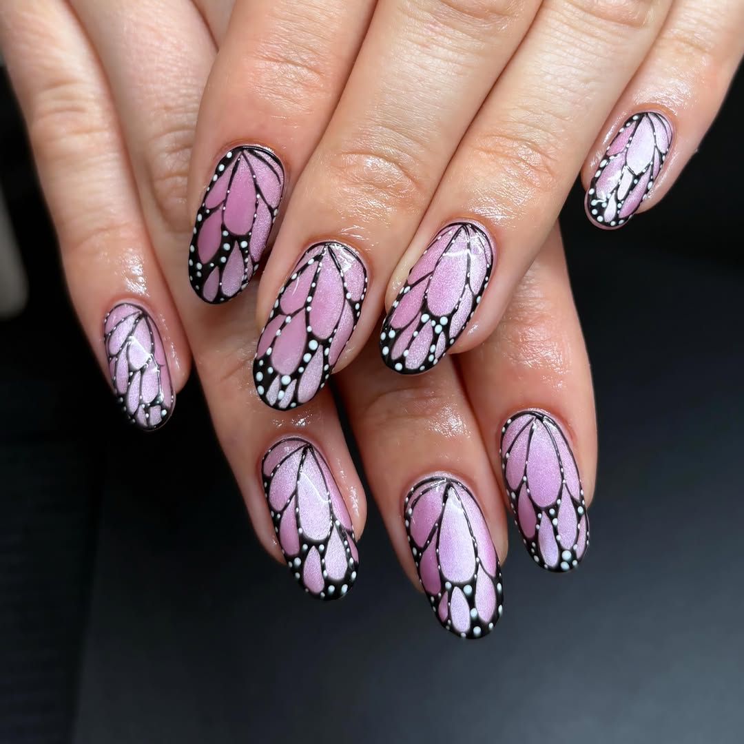 Pink Butterfly Wing Gradient Oval Nails