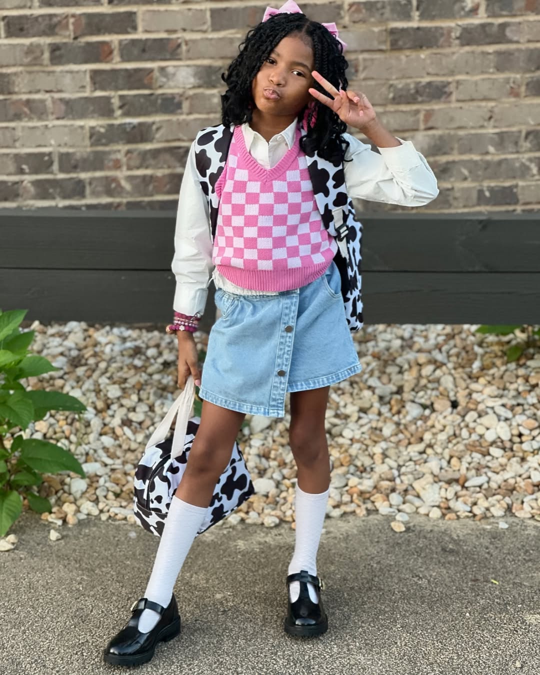 25 Epic School Outfit Ideas for 2026 You Need Now 23 Pink Checkered Knit Vest With Denim Skirt Outfit