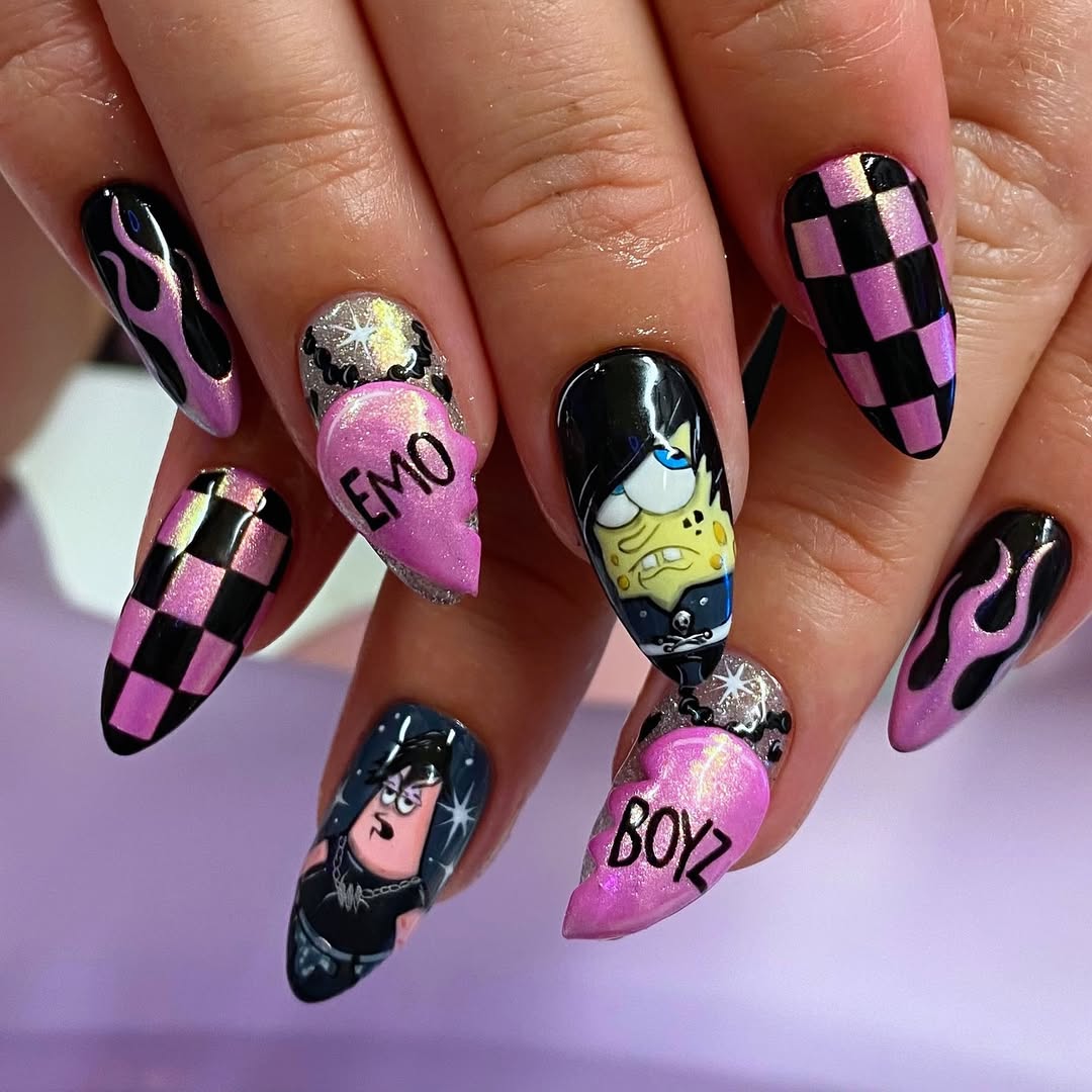 29 Checkerboard Nail Ideas for 2026 27 Pink Chrome Checkerboard Emo Spongebob Stiletto Nails