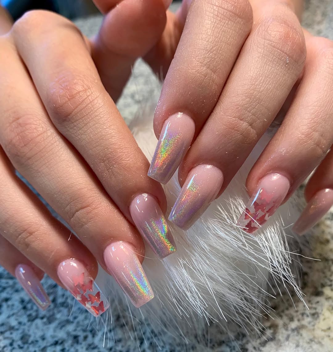 Pink Glitter Holographic Butterfly Inlay Coffin Nails