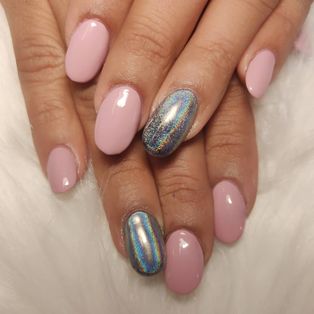 Pink Holographic Accent Oval Nails