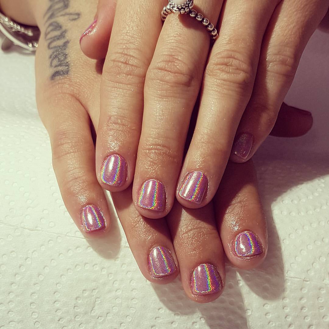 Pink Holographic Short Round Nails