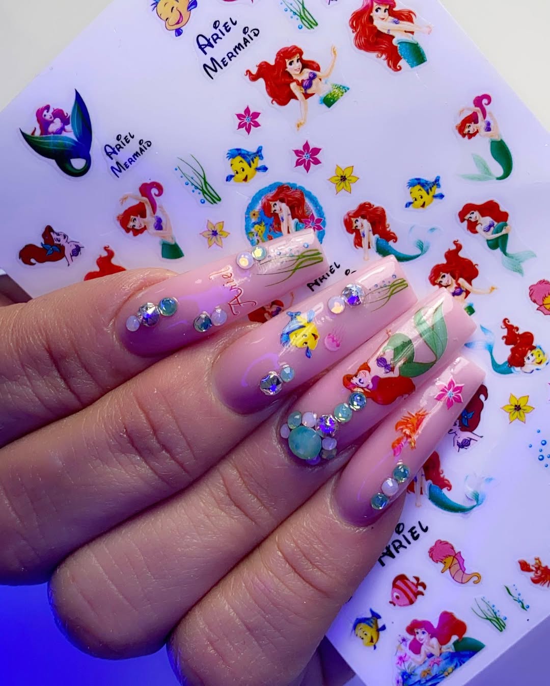 Pink Mermaid Princess Acrylic Gemstone Nails