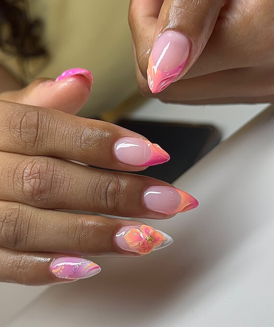 Pink Orange Ombre French Tip Stiletto with Flower Art