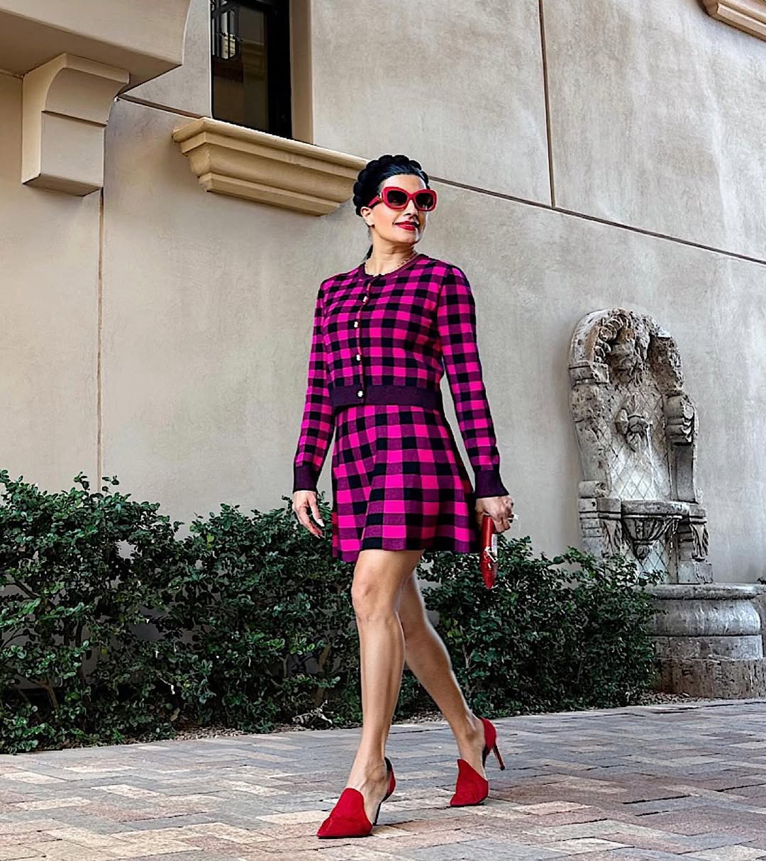25 Fall Transition Outfits You Need for 2026 12 Pink Plaid Cardigan and Skirt Set