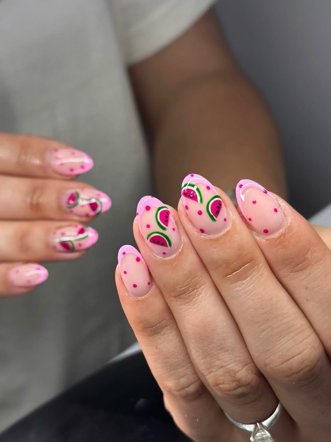 Pink Polka Dot and Watermelon Almond Nails