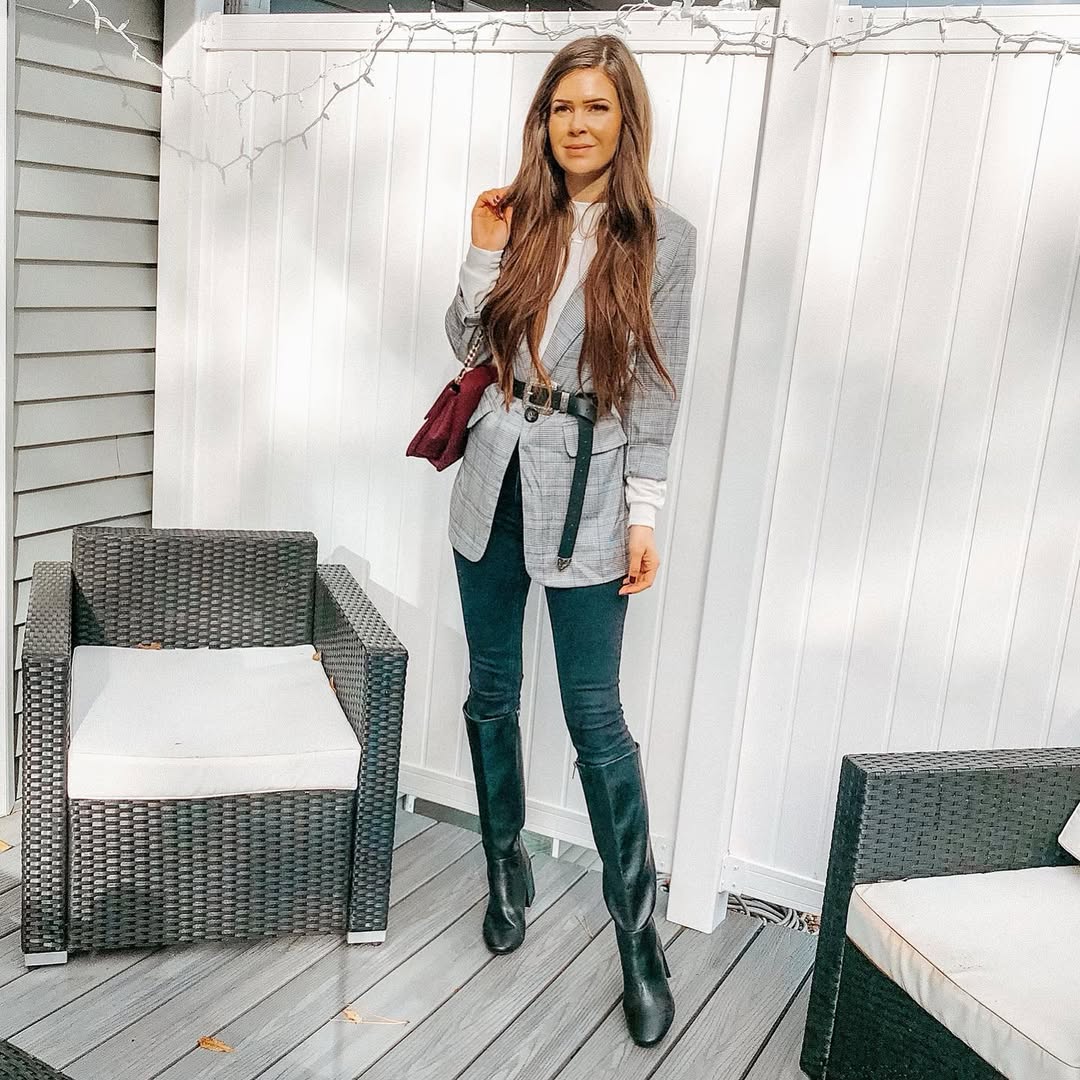 27 Fall Boot Outfit Ideas You Need Now 19 Plaid Blazer With Knee-High Boots Outfit