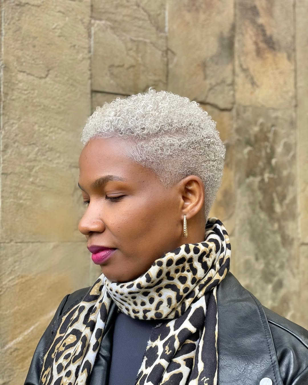 Platinum Silver Coily Pixie With Tapered Sides