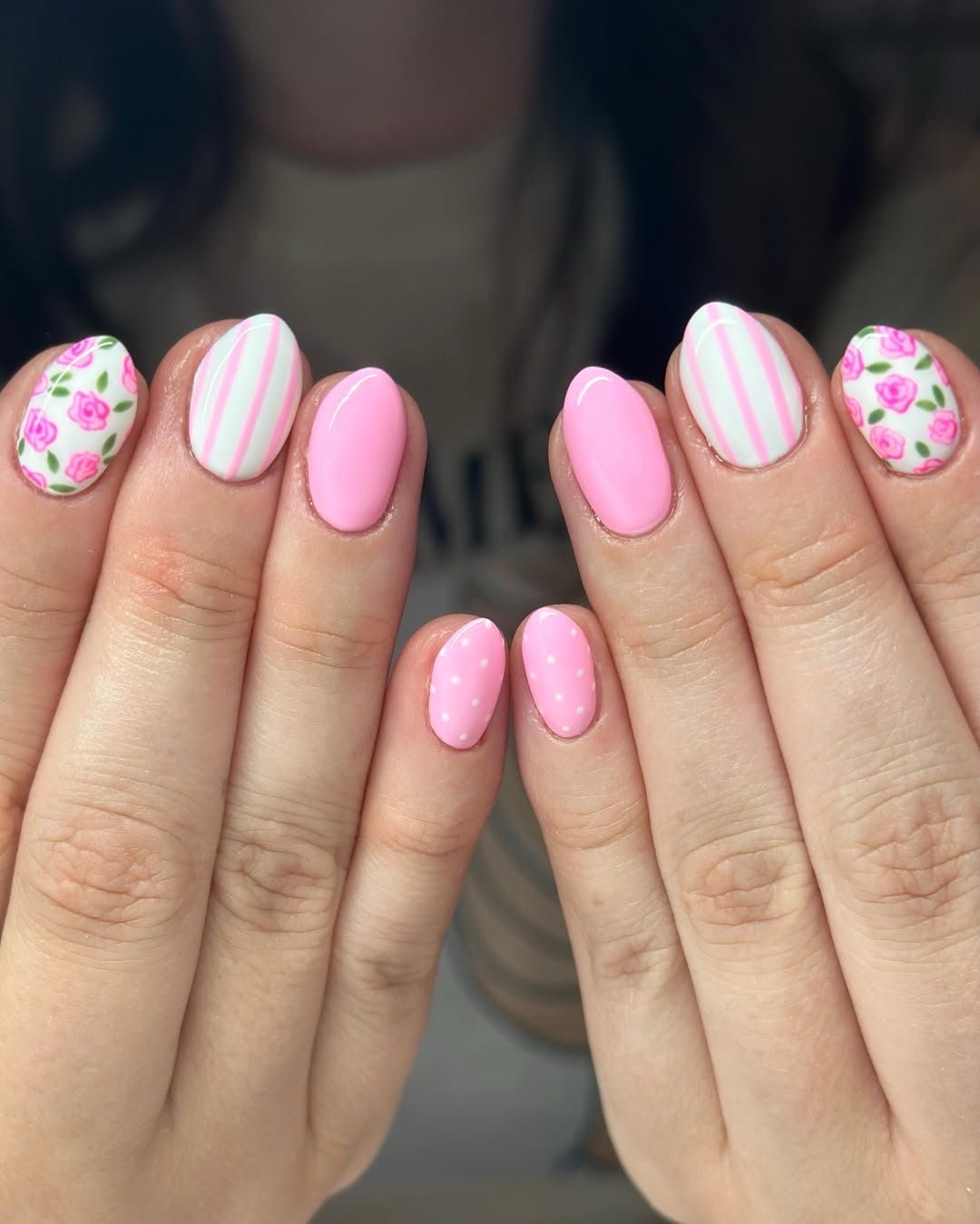 Playful Pink Polka Dot and Rose Mix Match Nails