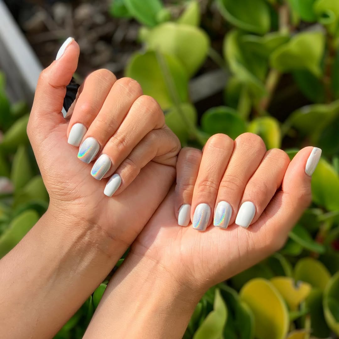 Powder Gray Holographic Accent Squoval Nails