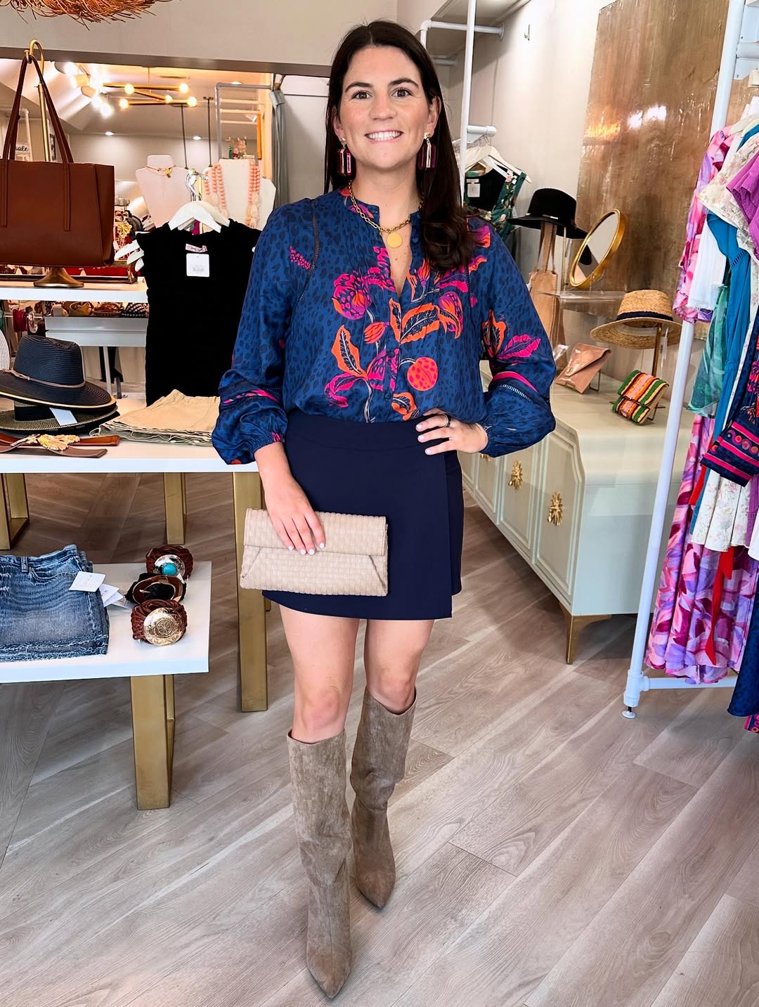 25 Fall Transition Outfits You Need for 2026 15 Printed Plunge Neck Blouse With Suede Boots